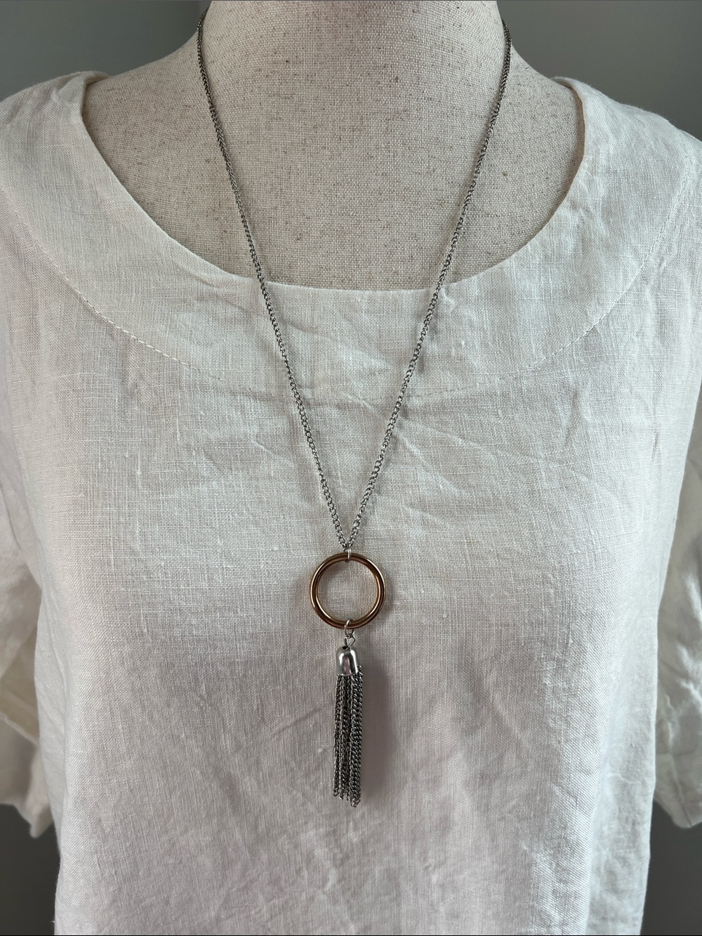 Silver-Tone Chain 13” Necklace Gold Ring & Tassel Pendant - Women’s Jewelry